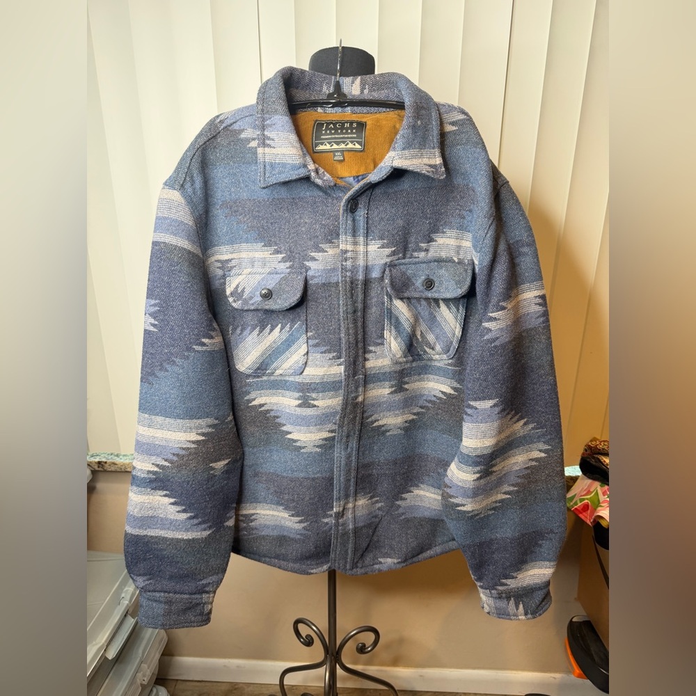Jachs Mens Blue Gray Southwestern Aztec Wool Blend Heavy Shirt Jacket Size XXL